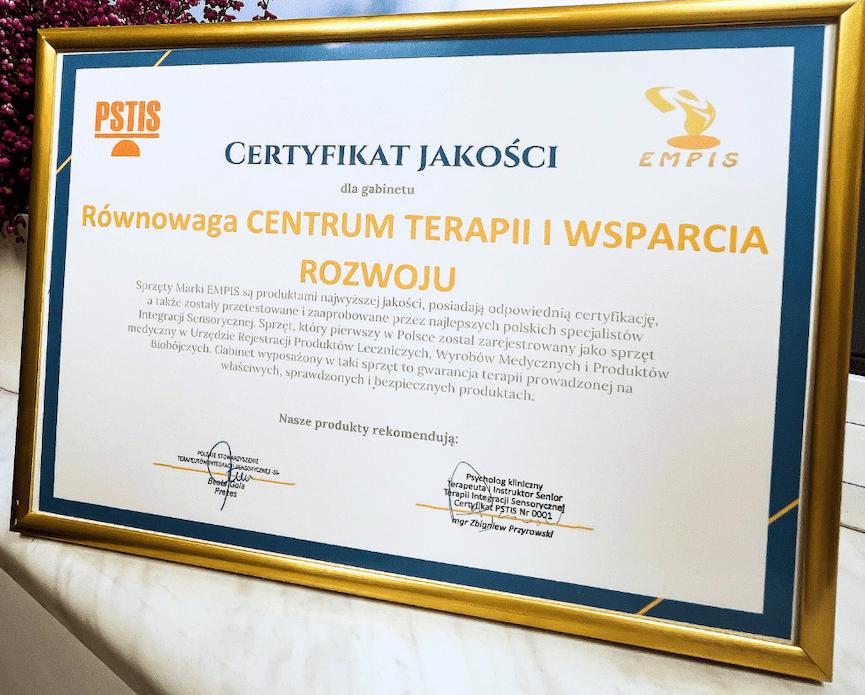 Certyfikat jakości Centrum Terapii Równowaga Kalisz