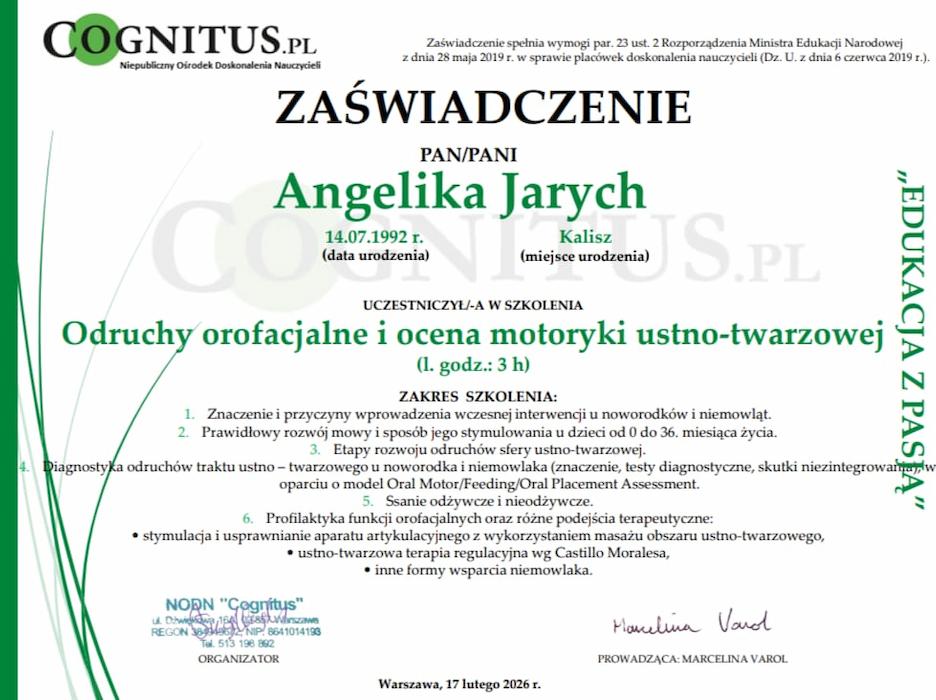 Certyfikat ukończenia szkolenia Odruchy orofacjalne i ocena motoryki ustno-twarzowej